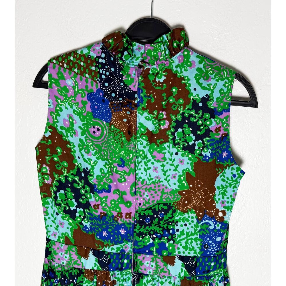 Vintage Andrea Gayle Women's Sleeveless Maxi Dress Ruffle Trim Green Blue Floral - Picture 6 of 9